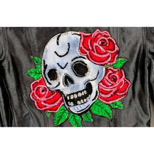 Denim Up Cycled Jacket Hand Painted Stoned Skull And Roses Womans [COPY]